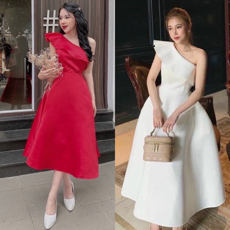 hàng TK Đầm váy tafta dài xoè lệch vai màu trắng/đỏ đơn giản sang trọng, thời trang dự tiệc sự kiện quý phái thanh lịch