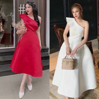 hàng TK Đầm váy tafta dài xoè lệch vai màu trắng/đỏ đơn giản sang trọng, thời trang dự tiệc sự kiện quý phái thanh lịch