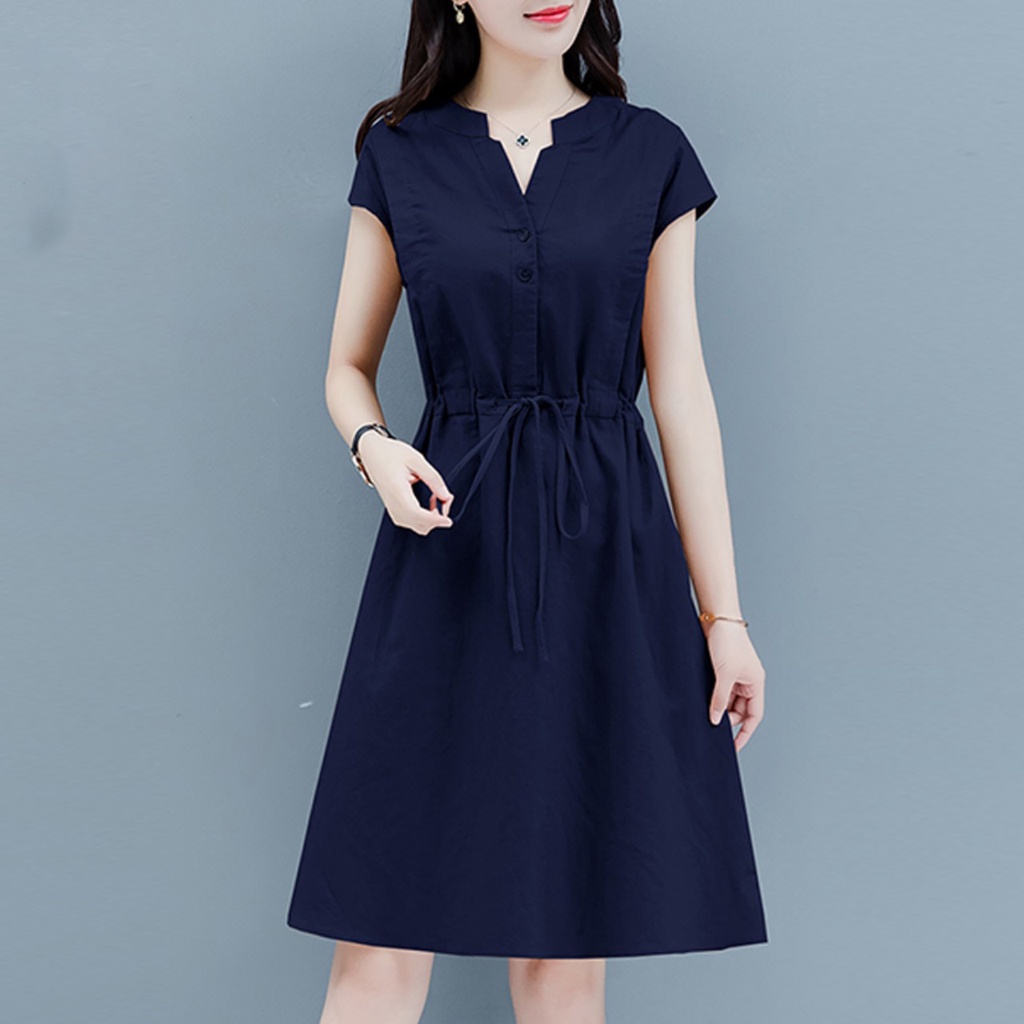 Đầm linen dáng suông rút eo cổ V phong cách công sở