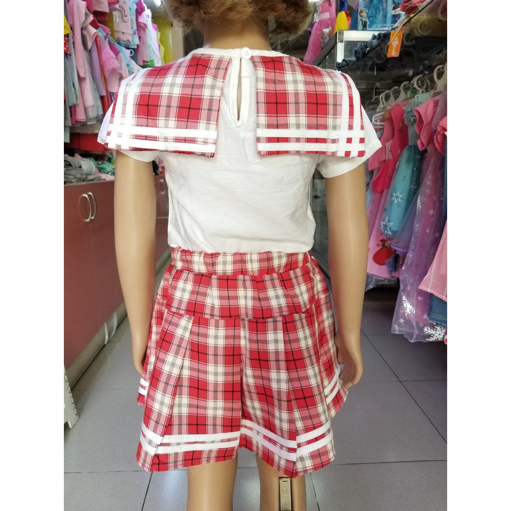 Bộ áo tơ lụa mềm mại phối váy caro cổ thủy thủ cho bé gái