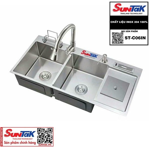 CHẬU RỬA CHÉN HAI HỘC CÓ HỐ RÁC INOX 304 SUNTAK ST-C06IN