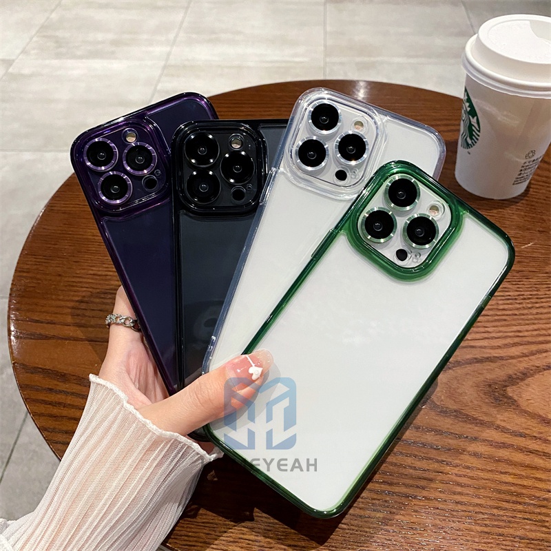 Ốp Điện Thoại Cứng Trong Suốt Màu Tím Đậm Có Miếng Dán Bảo Vệ lens Cho iPhone 14 13 12 Pro Max 14 Plus