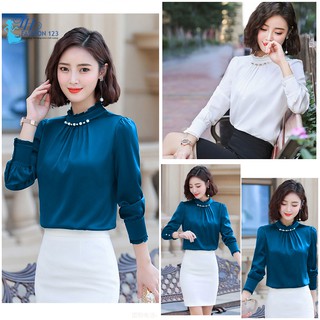 Áo Sơ Mi Nữ Kiểu Cổ Nhún Đính Hạt Cao Cấp Tay Dài