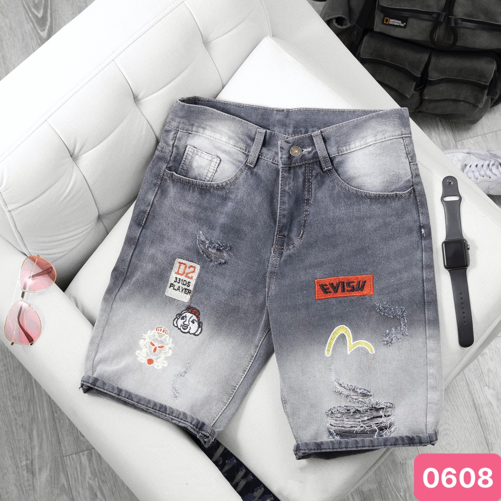 Quần short đùi jean nam xám đậm rách gối chất bò cao cấp co dãn 4 chiều cực đẹp, quần rin nam HD18 Mẫu Mới