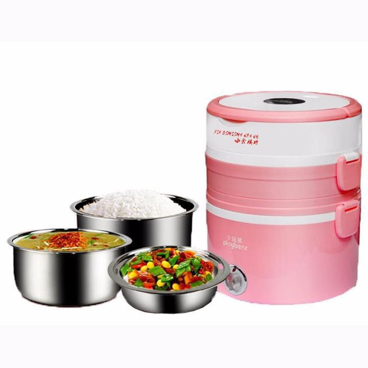 Hộp cơm cắm điện hâm nóng inox cao cấp 3 tầng Play Bear tặng túi đựng xinh xắn | BigBuy360 - bigbuy360.vn