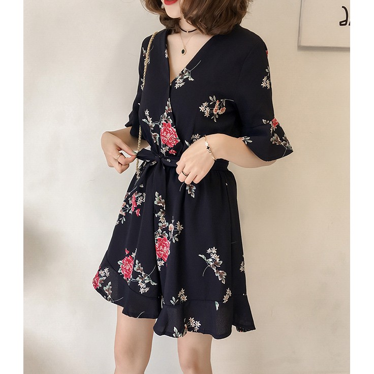 Áo liền quần eo cao vải voan họa tiết hoa phong cách Hàn Quốc thời trang nữ | BigBuy360 - bigbuy360.vn