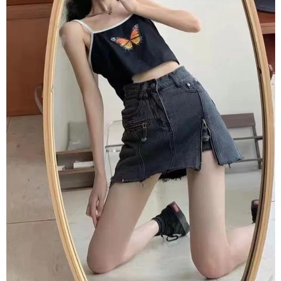 Jiashucheng Chân Váy Jean Chữ a Lưng Cao Xẻ Tà Thời Trang Cho Nữ