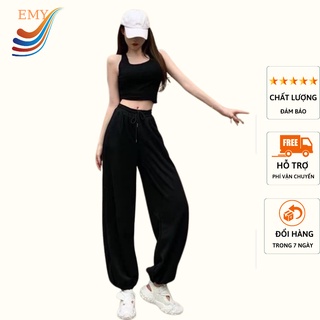 Quần jogger nữ ống rộng dây rút vải đũi mềm mát ống bó