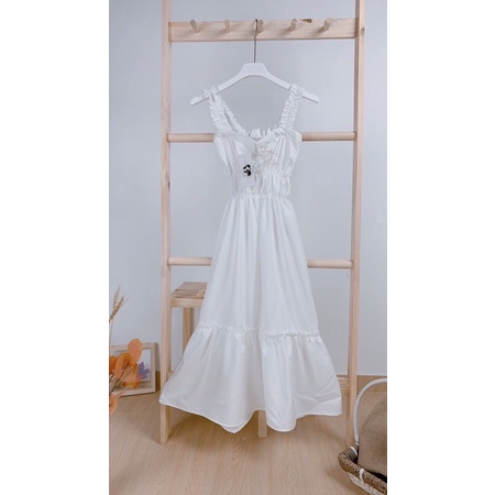 Váy hai dây chun ngực buộc dây vintage, váy maxi trắng < , kèm video