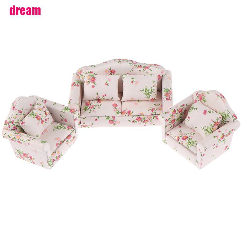 Bộ 3 Mô Hình Ghế Sofa Gỗ Với 4 Đệm Mini Tỉ Lệ 1: 12 Trang Trí Nhà Búp Bê
