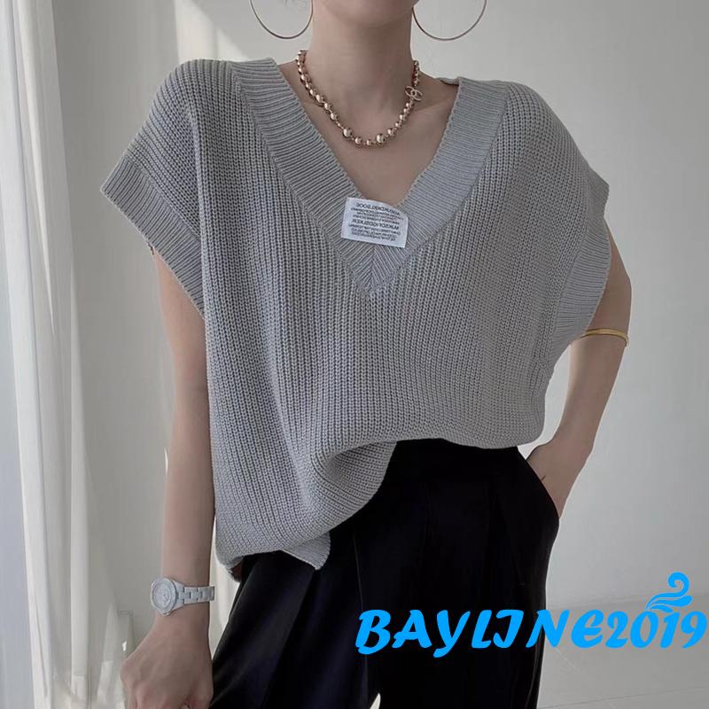 BAY-Áo khoác dệt kim sát nách cổ chữ V họa tiết chữ màu hồng/xám/đen/be cho nữ