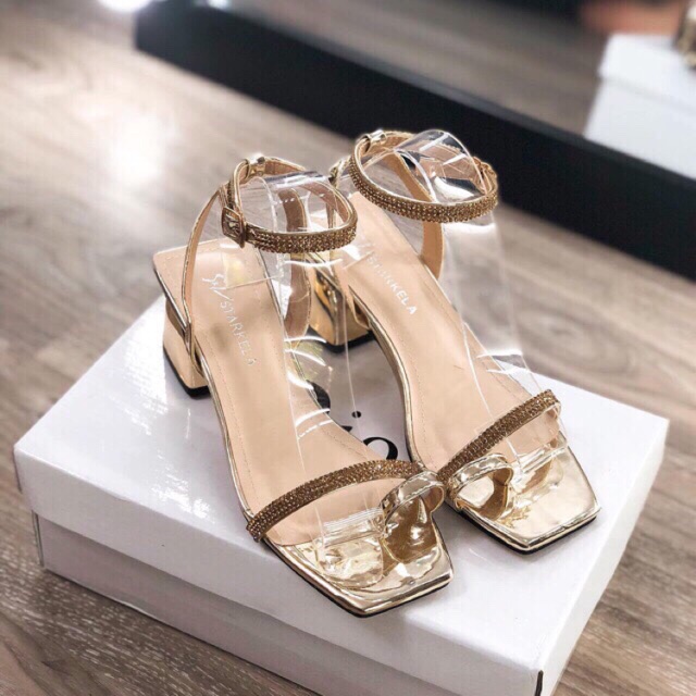 Giày sandal cao gót 4-5 gót tháp da bóng quai mảnh đá xỏ ngón hàng VNXK cao cấp bao keo 3 tháng