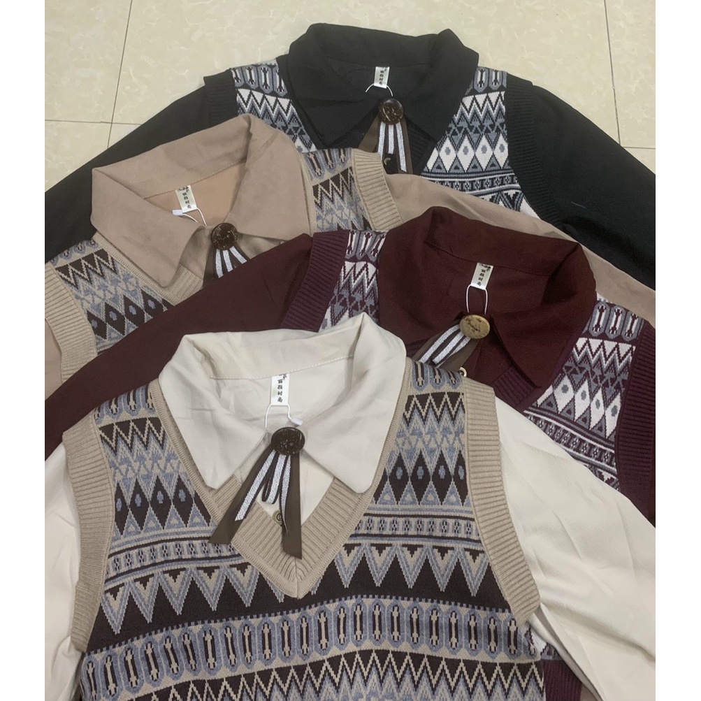 Set váy nhung tăm mix áo len gile tiểu thư,váy nhung tăm nữ,áo len ghi lê nữ