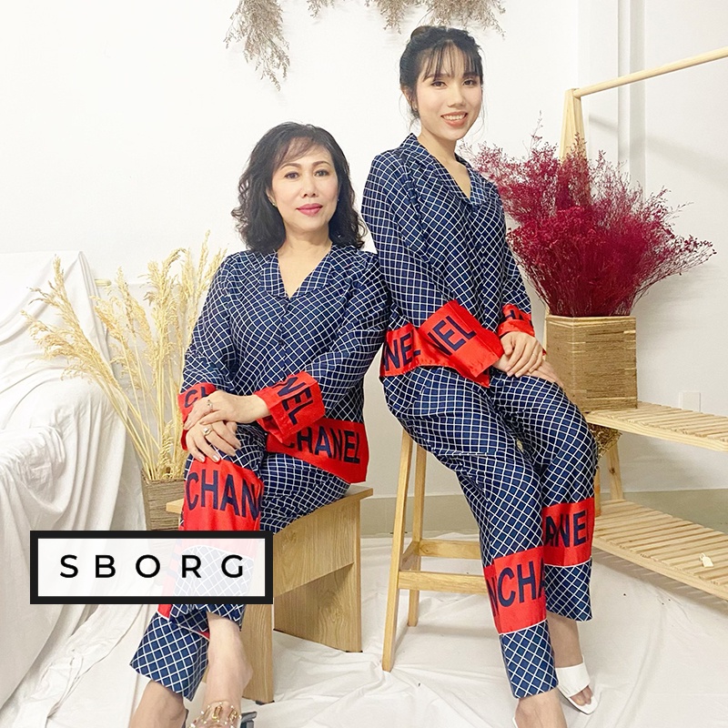 Đồ bộ mặc nhà SBORG bộ pijama lụa satin họa tiết sang trọng tay dài quần dài có túi 50-65kg quà tặng mẹ và vợ