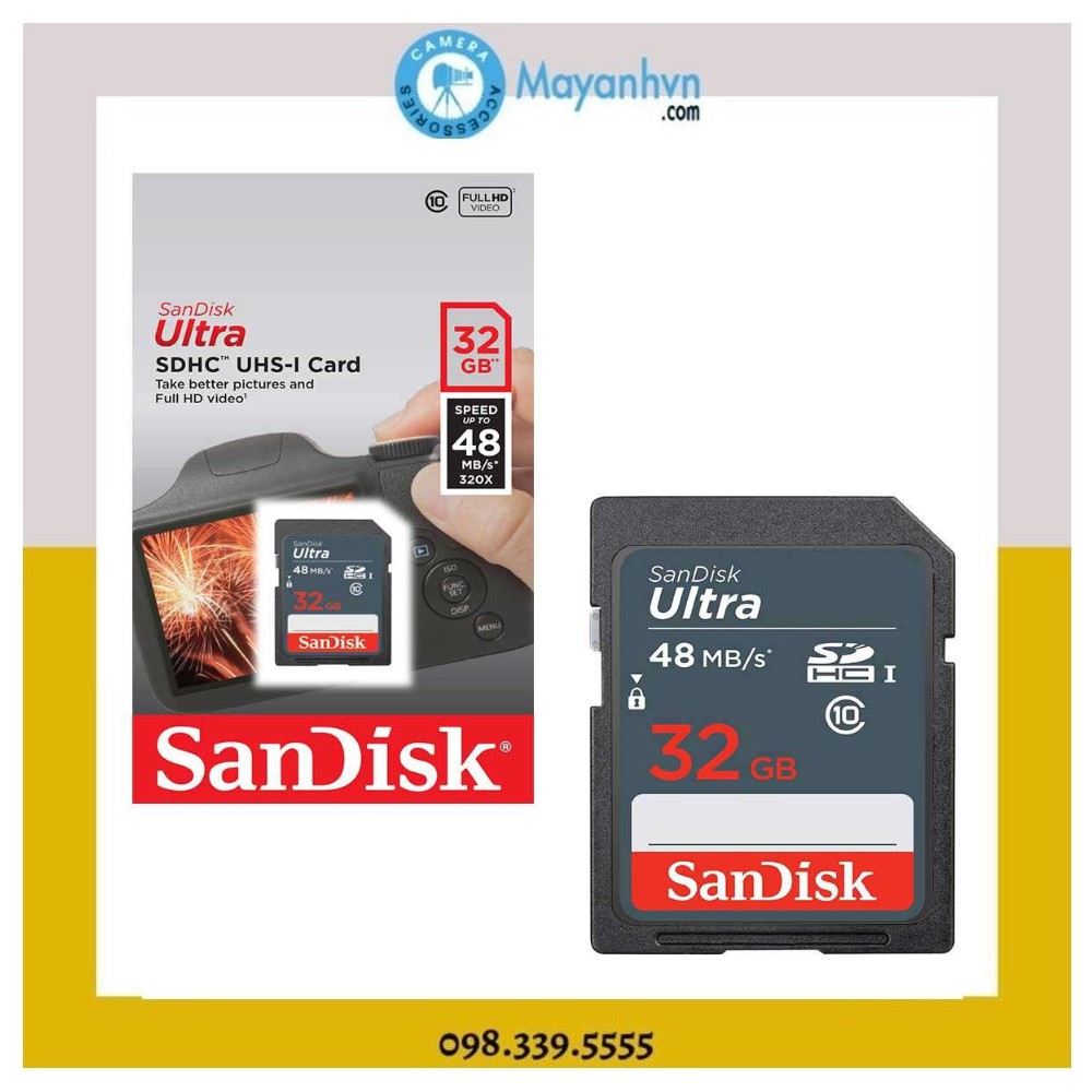 [Mã ELFLASH5 giảm 20K đơn 50K] Thẻ nhớ SDHC SanDisk Ultra 32GB (48MB/s) - Hàng chính hãng