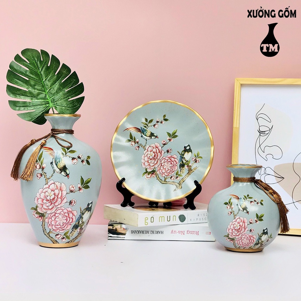 Set 3 Bình Hoa Xưởng Gốm TM Bát Tràng Họa Tiết Gốm Sứ Decor Cao Cấp (Giao mẫu ngẫu nhiên)