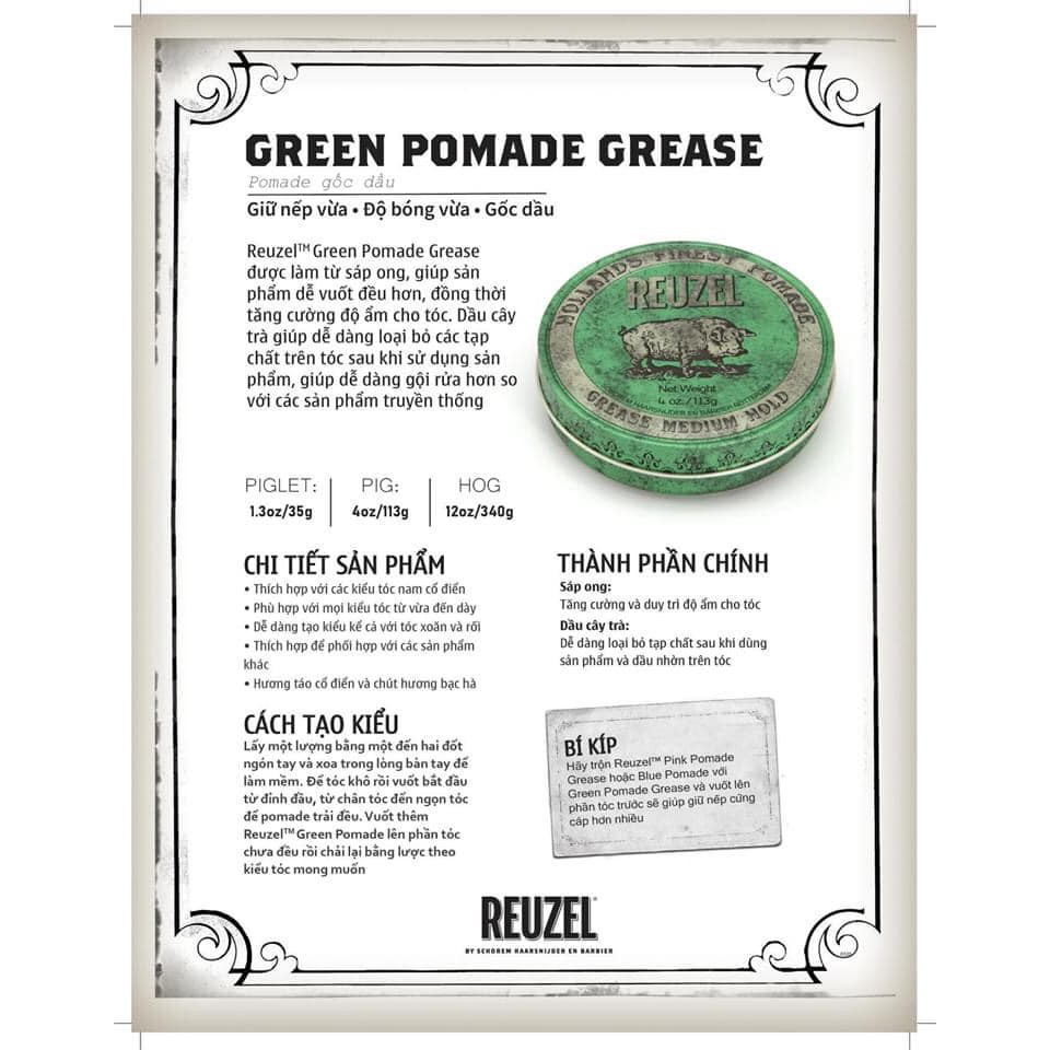 [ Full Size ] Sáp Vuốt Tóc Nam REUZEL Green Pomade + Xịt Dưỡng Tóc Reuzel Tonic 20ml + Lược Chải Tóc Pomade