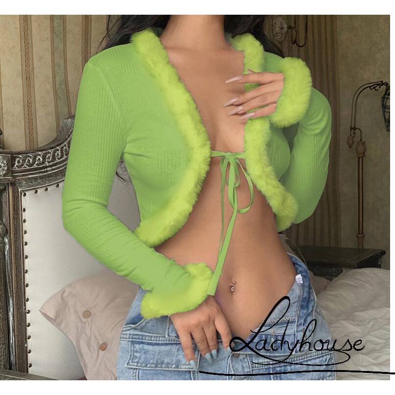 Áo croptop tay dài cổ chữ V màu sắc thời trang quyến rũ cho nữ