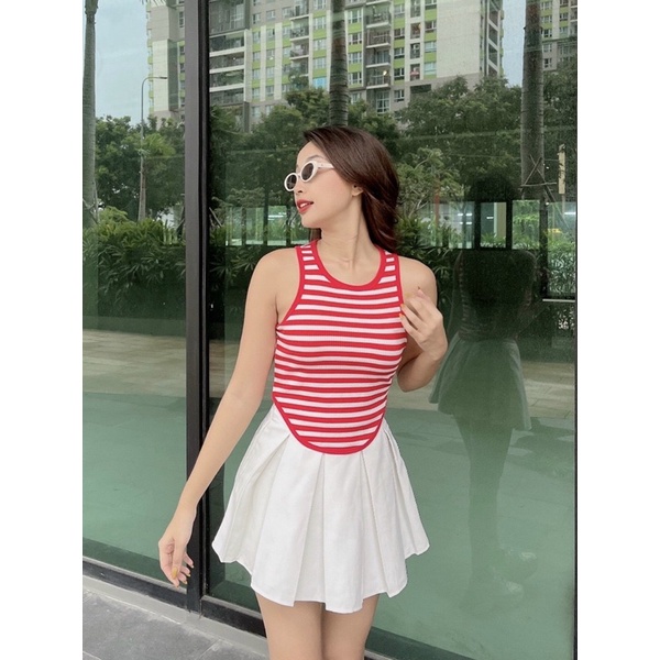 Áo thun body Ba Lỗ nữ Gân Sọc Phối Viền vạt bầu Croptop ( Nhà CH )
