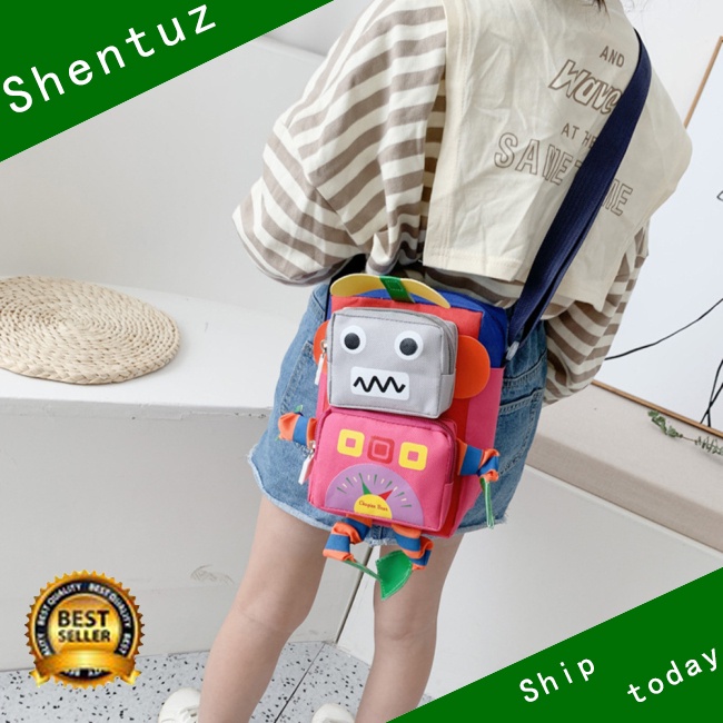 Túi Đeo Chéo Vải Canvas Có Khóa Kéo Họa Tiết Hoạt Hình Robot Thời Trang Cho Bé Trai Và Gái