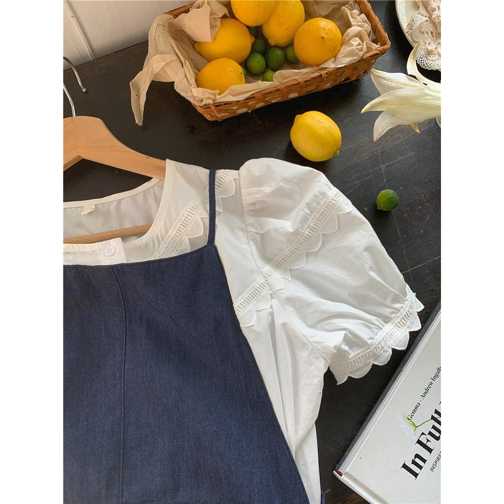 Set Áo Sơ Mi Tay Ngắn Phối Ren + Chân Váy Yếm Denim Phong Cách Hàn Quốc Thời Trang 53415