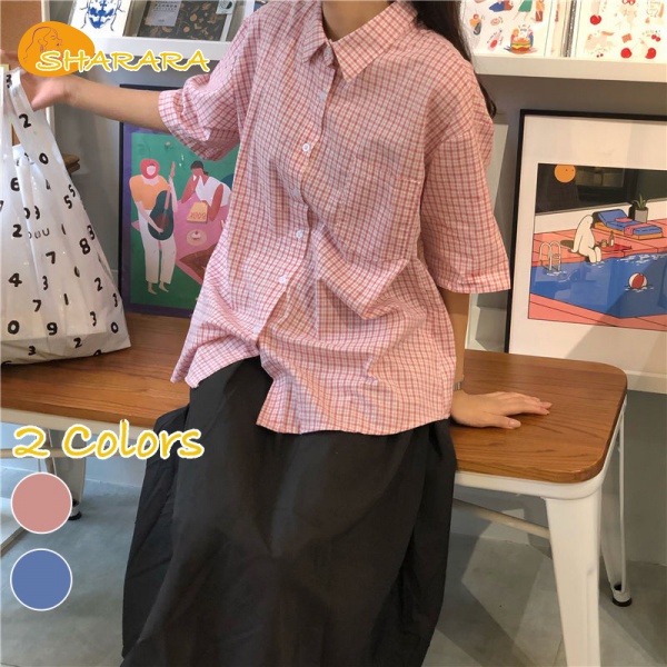 Áo Sơ Mi Ca Rô Ngắn Tay Phong Cách Retro Dành Cho Nữ Hồng  cây kẻ aó sơ mi cộc tay hàn quốc nữ
