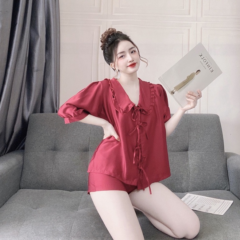 Đồ Ngủ Mặc Nhà Tay Ngắn Lụa Satin Cao Cấp Mềm Mịn Thoáng Mát Cột Dây Nơ Xinh Xắn Freesize - CN036 CINY | BigBuy360 - bigbuy360.vn