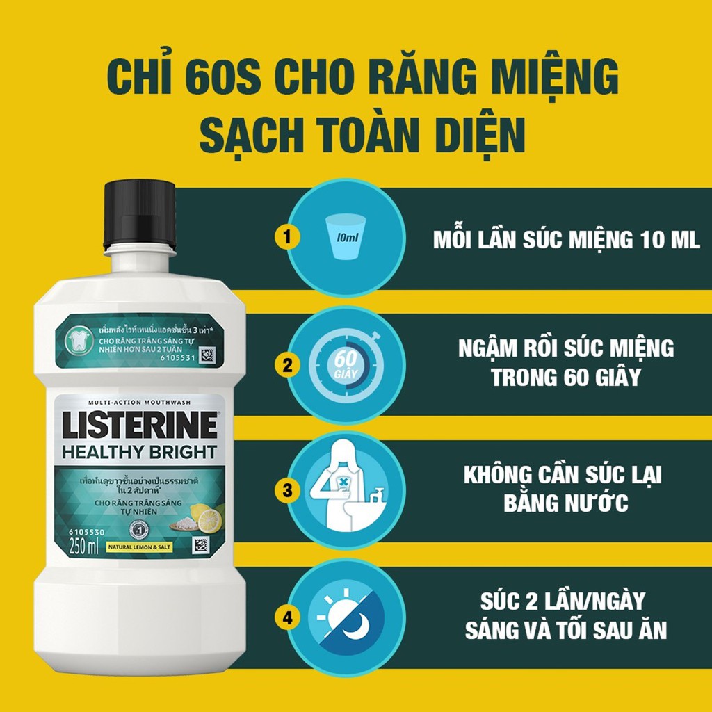 Nước Súc Miệng Trắng Sáng Listerine Healthy Bright Chanh Muối 250ml