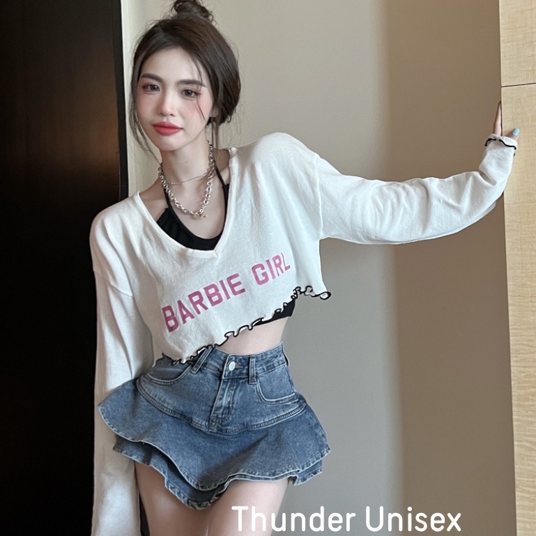Set Váy Áo Yếm Mix Croptop Dài Tay 2 Màu Siêu Xinh Đi Kèm Chân Váy Bò Phong Cách Ulzzang Hàn Quốc Thunder Unisex