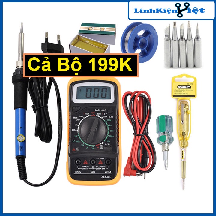 Combo sửa chữa điện V2 7 món gồm đồng hồ xl830, tay hàn tq936, 5 mũi hàn, bút điện, tô vít, thiếc, nhựa thông