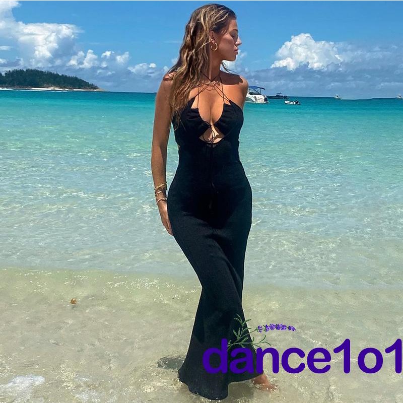 ✿CI✲Women Slim-fit Tie-up Sleeveless Solid Color Cutout Long Dress