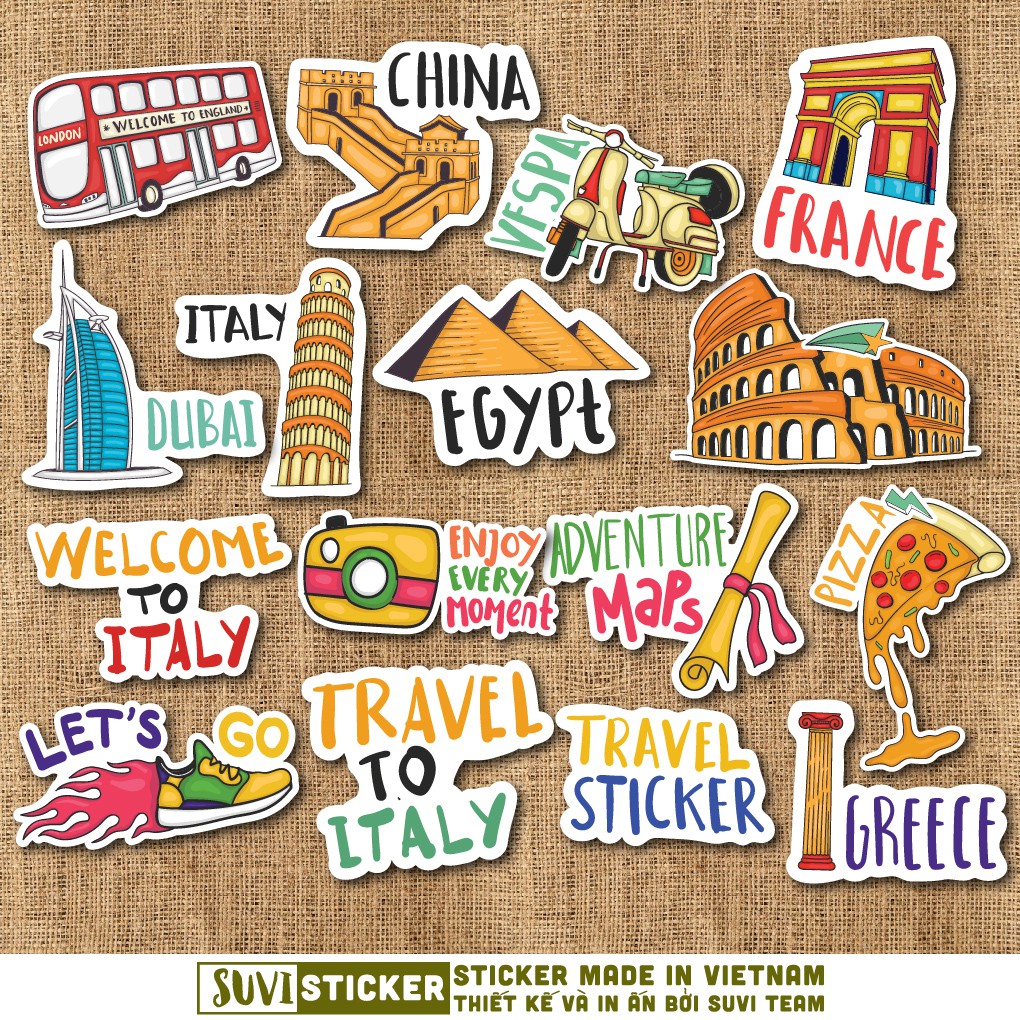 50 Sticker Travel chống nước sticker dán laptop, điện thoại, đàn guitar, mũ bảo hiểm, vali. MSP: T13