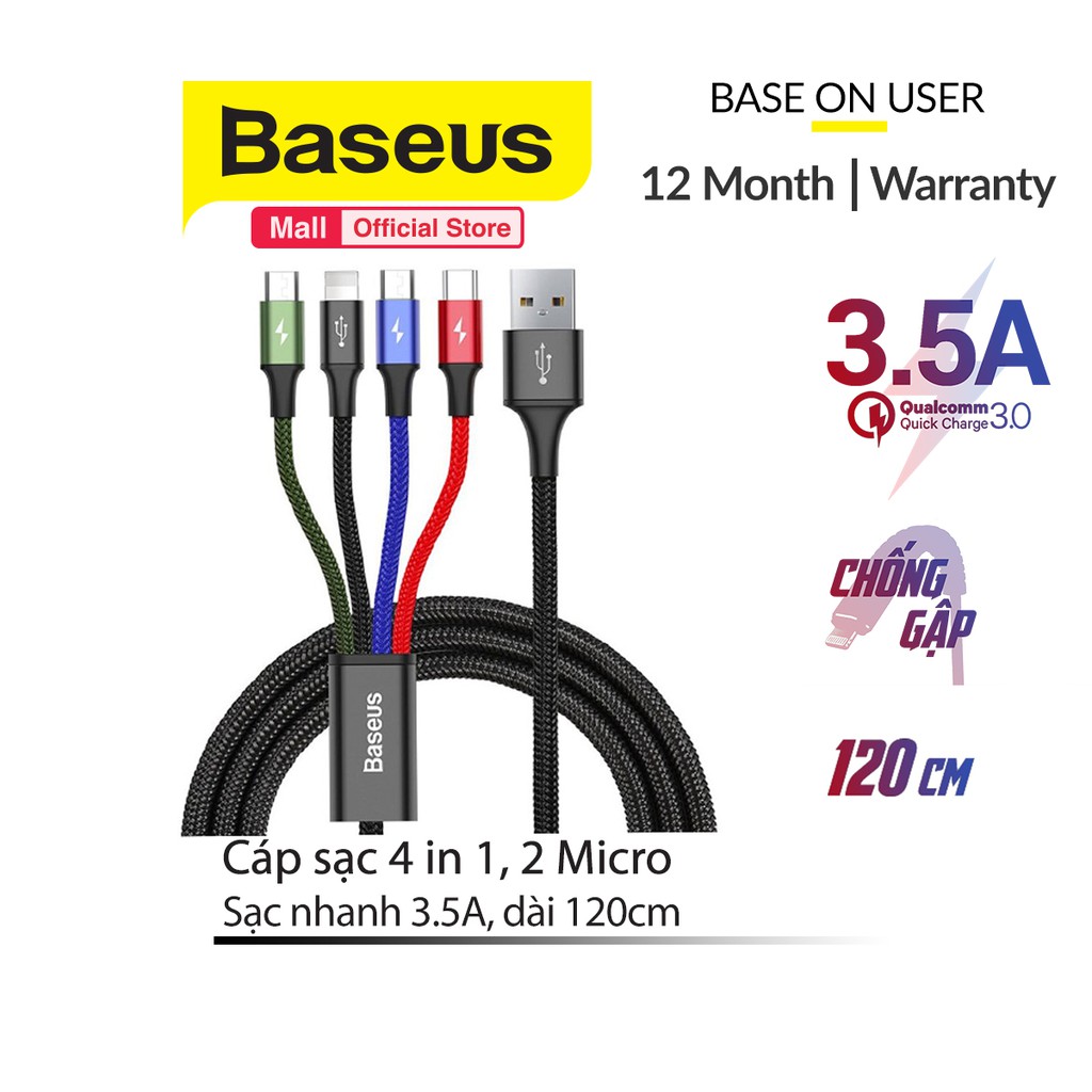 Cáp sạc Baseus Rapid Series 4 in 1 Cable, tích hợp 4 đầu kết nối Lightning/type-c/2 micro sạc nhanh 3.5A dài 120cm