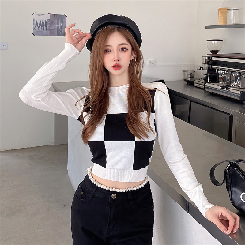 Áo Dệt Kim Tay Dài Dáng Ngắn Họa Tiết Sọc Caro Phong Cách Retro