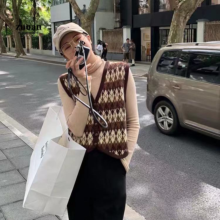 Áo sweater SUXI sát nách cổ chữ V dáng rộng phong cách retro Hàn Quốc cho nữ