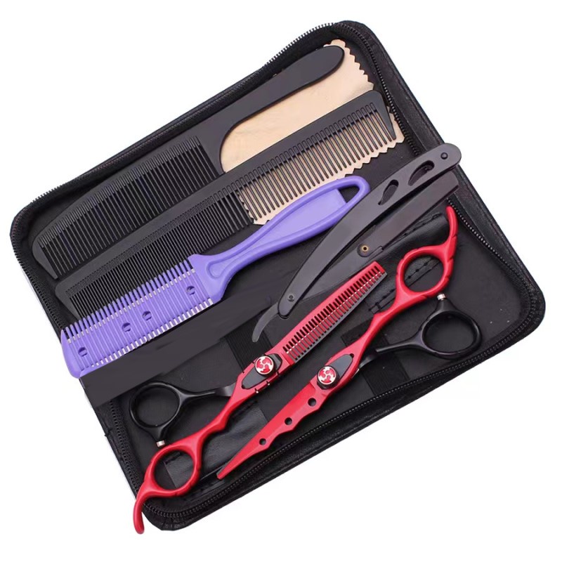 6.0 inch Bộ kéo cắt tóc Nhật Bản cao cấp màu đen đỏ với máy cạo râu,DÙng cho Salon - Barber Shop Kéo làm tóc chuyên nghiệp
