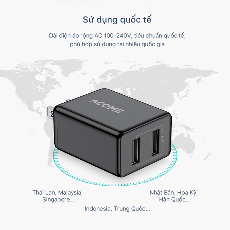Củ Sạc Nhanh ACOME AC03U 2 Cổng Sạc USB Nguồn Ra 2.4A Sạc Đồng Thời 2 Thiết Bị Hàng Bảo Hành Chính Hãng
