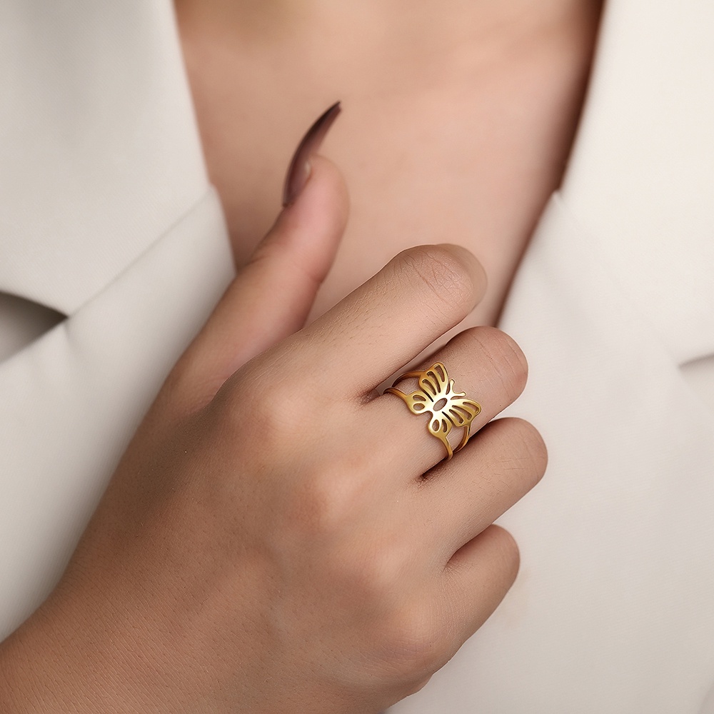 Nhẫn Thép Không Gỉ Mạ Vàng 18k Hình Bướm Thời Trang