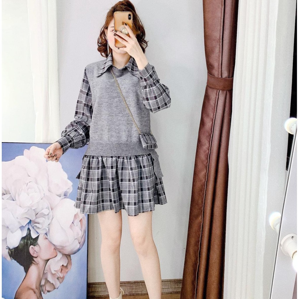 Sét váy kẻ caro + Áo gile ulzzang kết hợp túi đeo chéo bánh bèo  - CM Shop