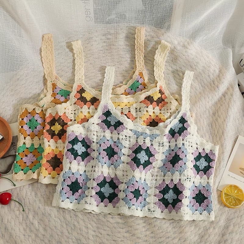 Áo Len Đan Móc 2 Dây Hoạ Tiết Hoa Vintage (hàng Quảng Châu loại 1) Áo kiểu len đan mùa hè