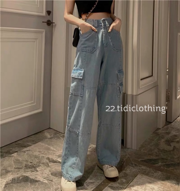 [ SẴN  + Ảnh thật ] Quần jean ống suông culottes ulzzang phối túi hộp / quần bò ống rộng baggy form dài lưng cao