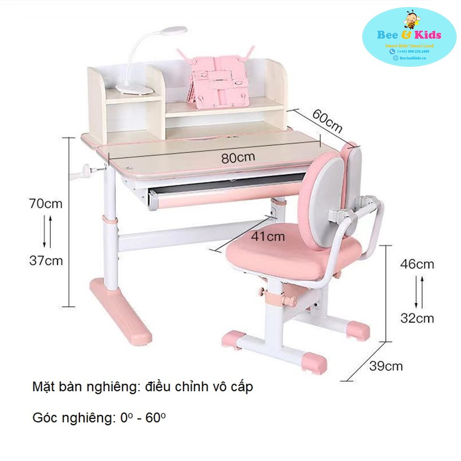 Bộ Bàn Học Chống Gù Chống Cận KAMI A80M rộng 80cm Hồng Phấn - Bàn Điều Chỉnh Độ Cao