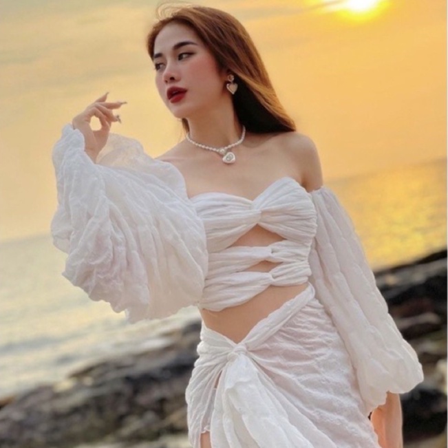 Bikini đi biển set đồ bơi nữ kín đáo dài tay đầm maxi 2 mảnh sexy mặc tắm biển đẹp