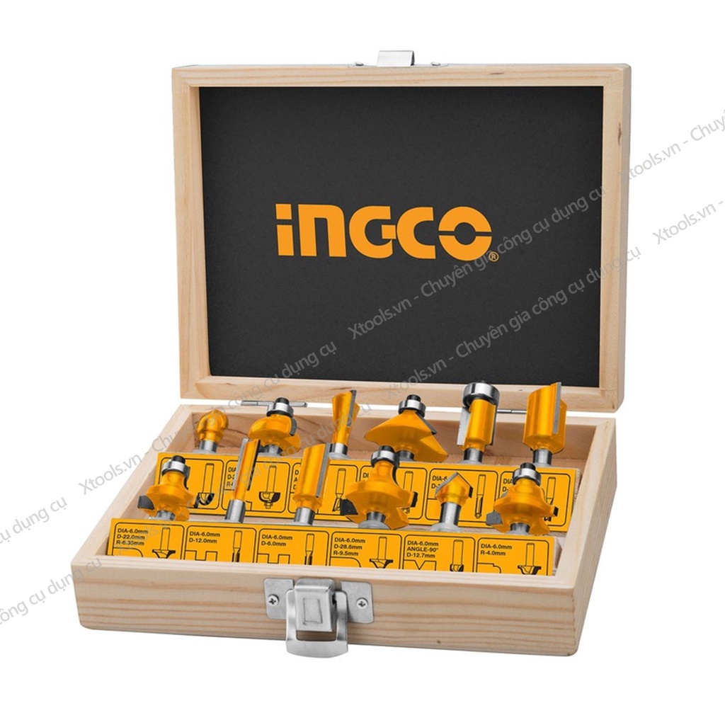 Bộ mũi phay gỗ làm mộc chuyên dụng 12 chi tiết INGCO AKRT12121 mũi phay đa năng 1/2inch,bộ mũi soi gỗ 12 món