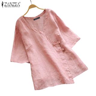 ZANZEA Áo Nữ Tay Lửng Cổ Chữ V Màu Trơn Phong Cách Retro