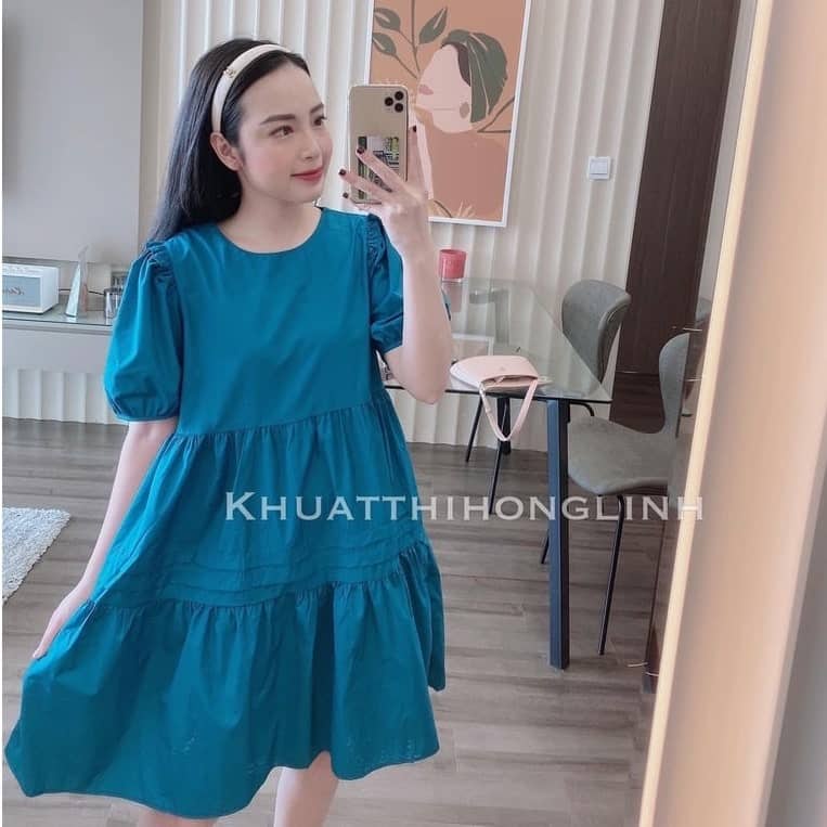 Váy Bầu Babydoll Mùa Hè Công Sở Màu Xanh Đầm Bầu Xinh Thiết Kế Đẹp Dáng Rộng Mặc Đi Làm