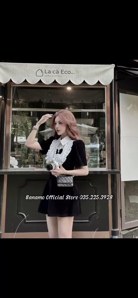 Váy nhung chính hãng Banamo Fashion đầm nhung đen cổ nơ pha bèo trắng tiểu thư 556 | BigBuy360 - bigbuy360.vn