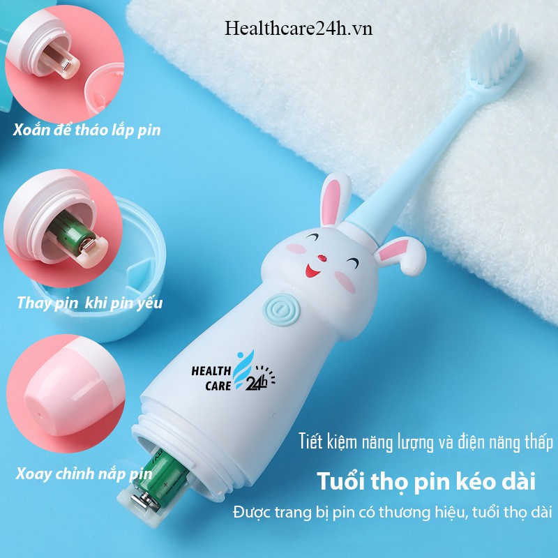 Bàn chải đánh răng điện cho bé trai bé gái từ 2 tuổi hình thỏ cute, Healthcare24h D001, nhựa ABS cao cấp kèm 2 đầu thay