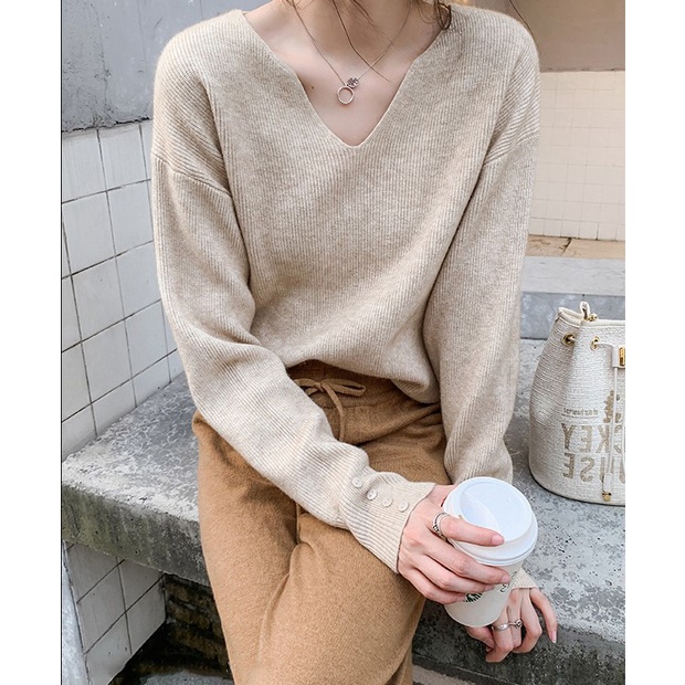 Áo dệt kim Xiaozhainv dáng rộng tay dài cổ V có 4 màu thời trang