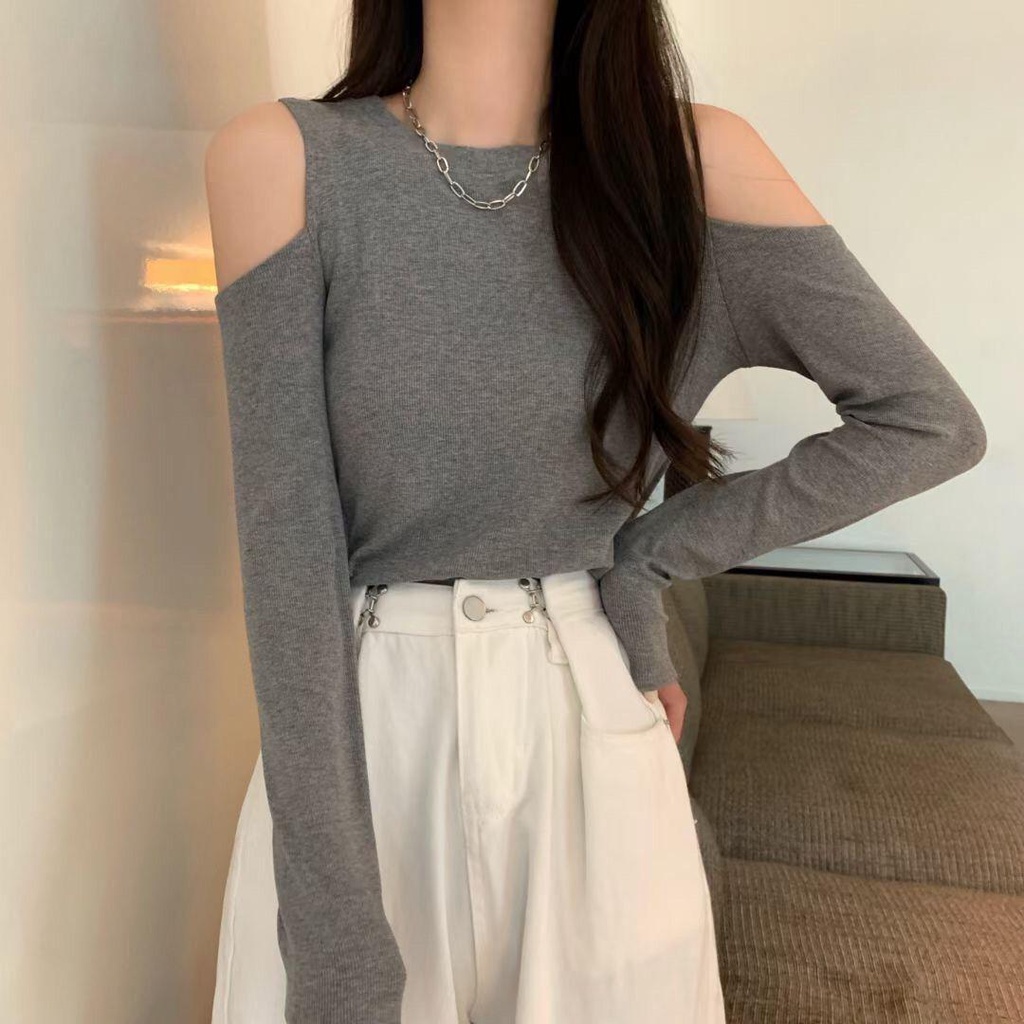 Áo Thun Đen Tay Dài Hở Vai Dáng Ôm Thời Trang Mùa Thu Cho Nữ